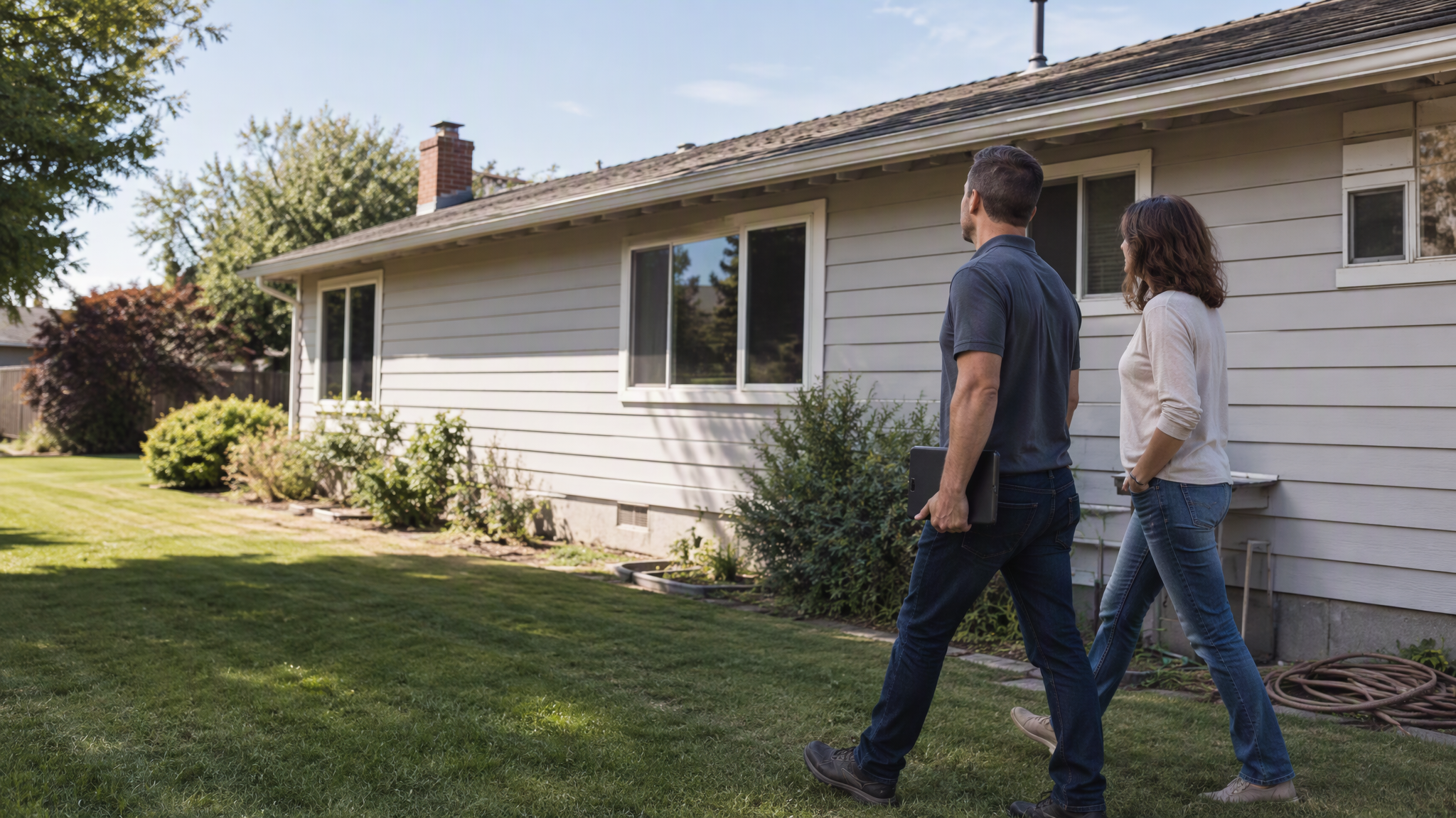 Two casually dressed people walk beside an older sided house during an illustrative residential walkthrough.