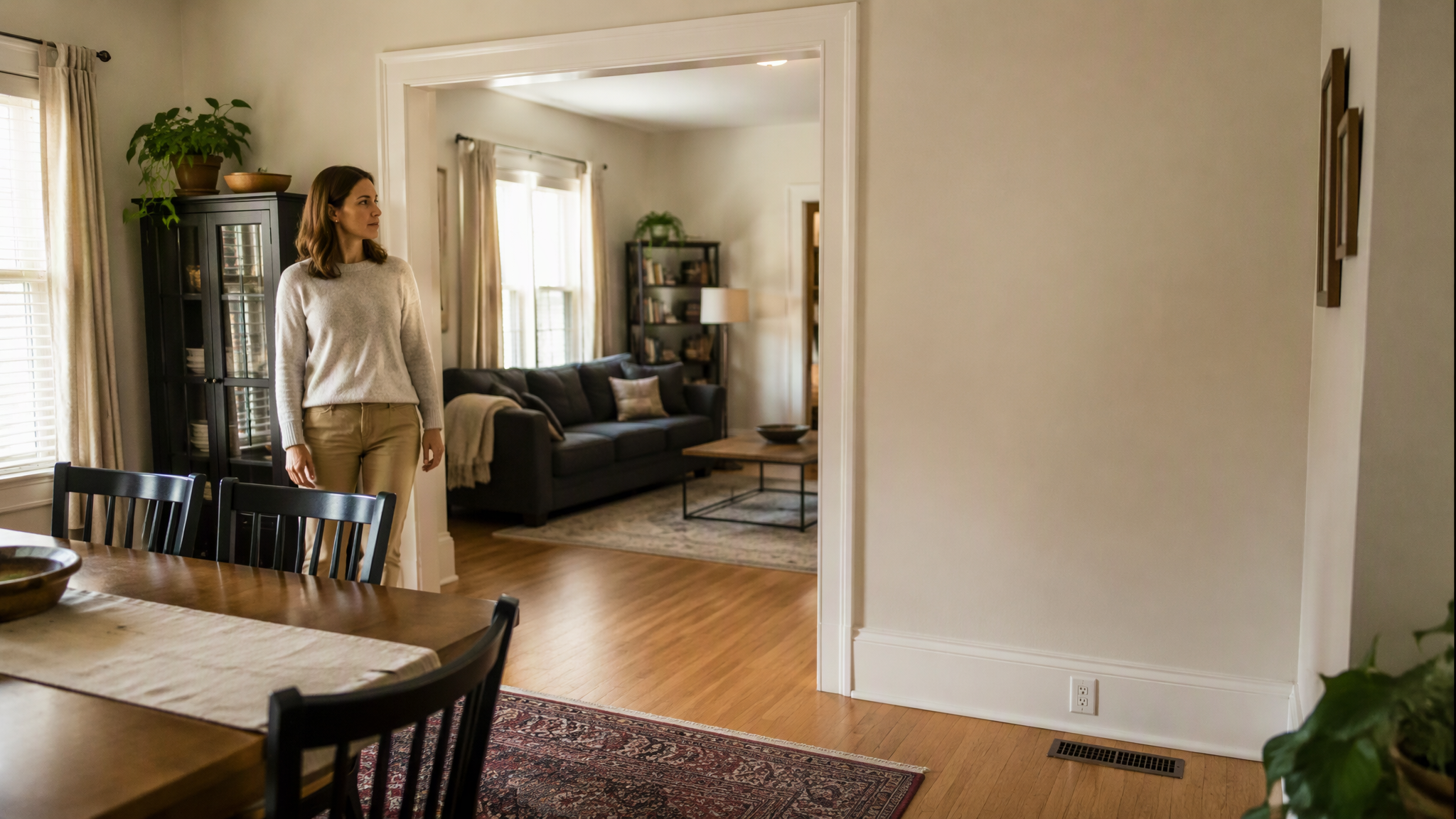 A fictional woman observes the layout of a furnished living and dining area.