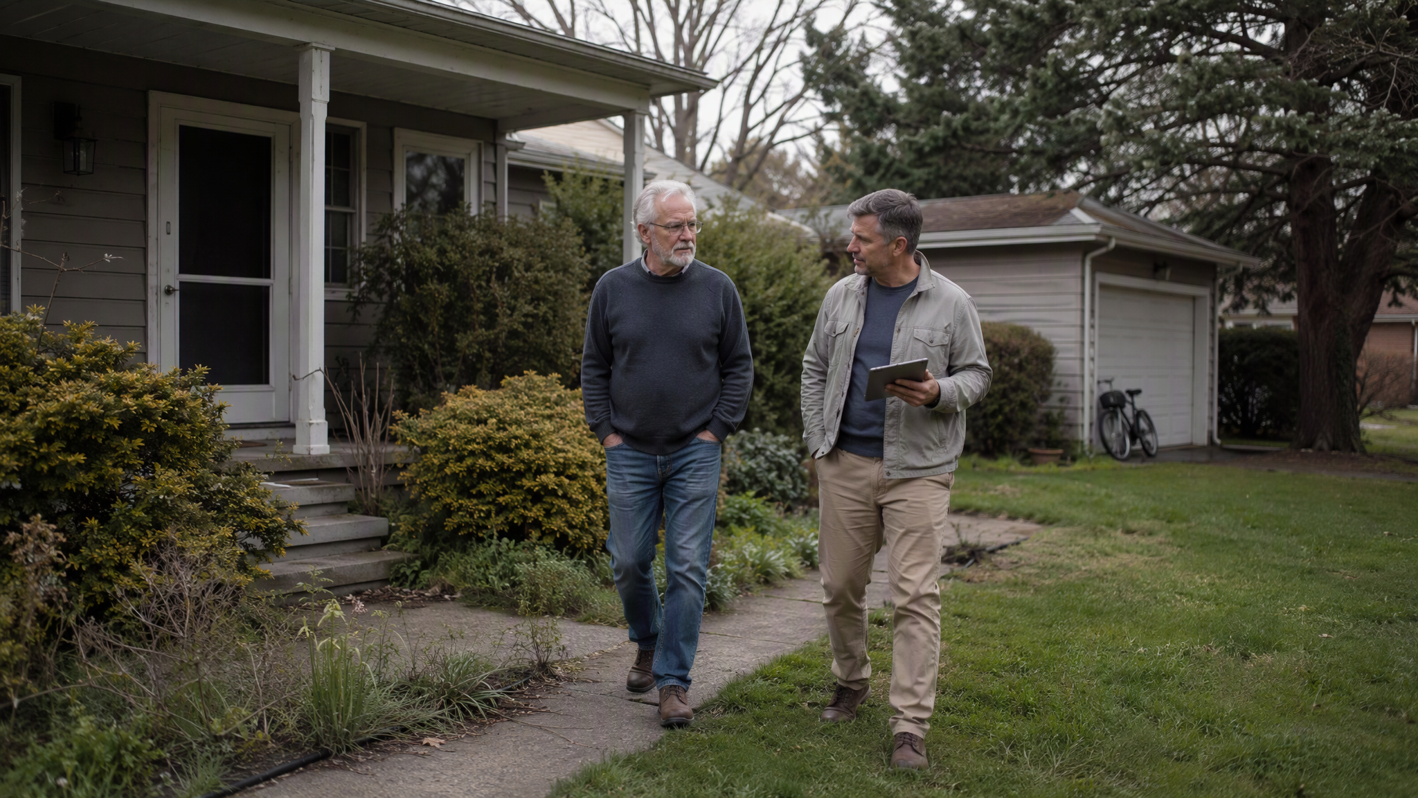Two people walk through the garden beside an older porch house in an illustrative estate walkthrough.