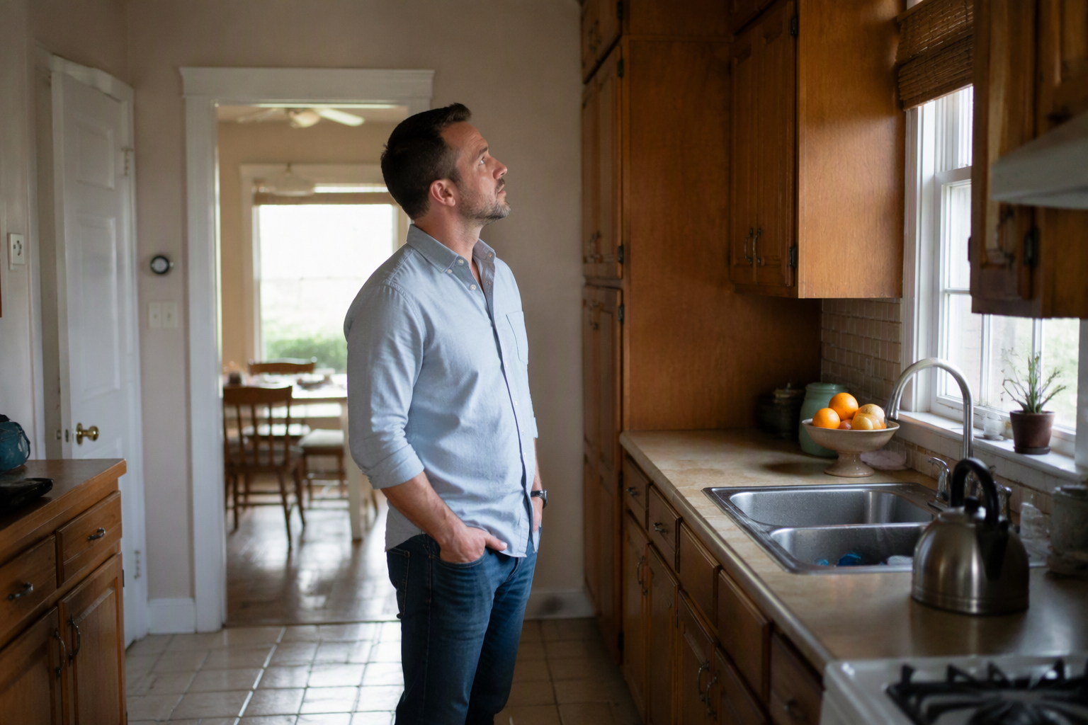 A casually dressed person observes an older galley kitchen.
