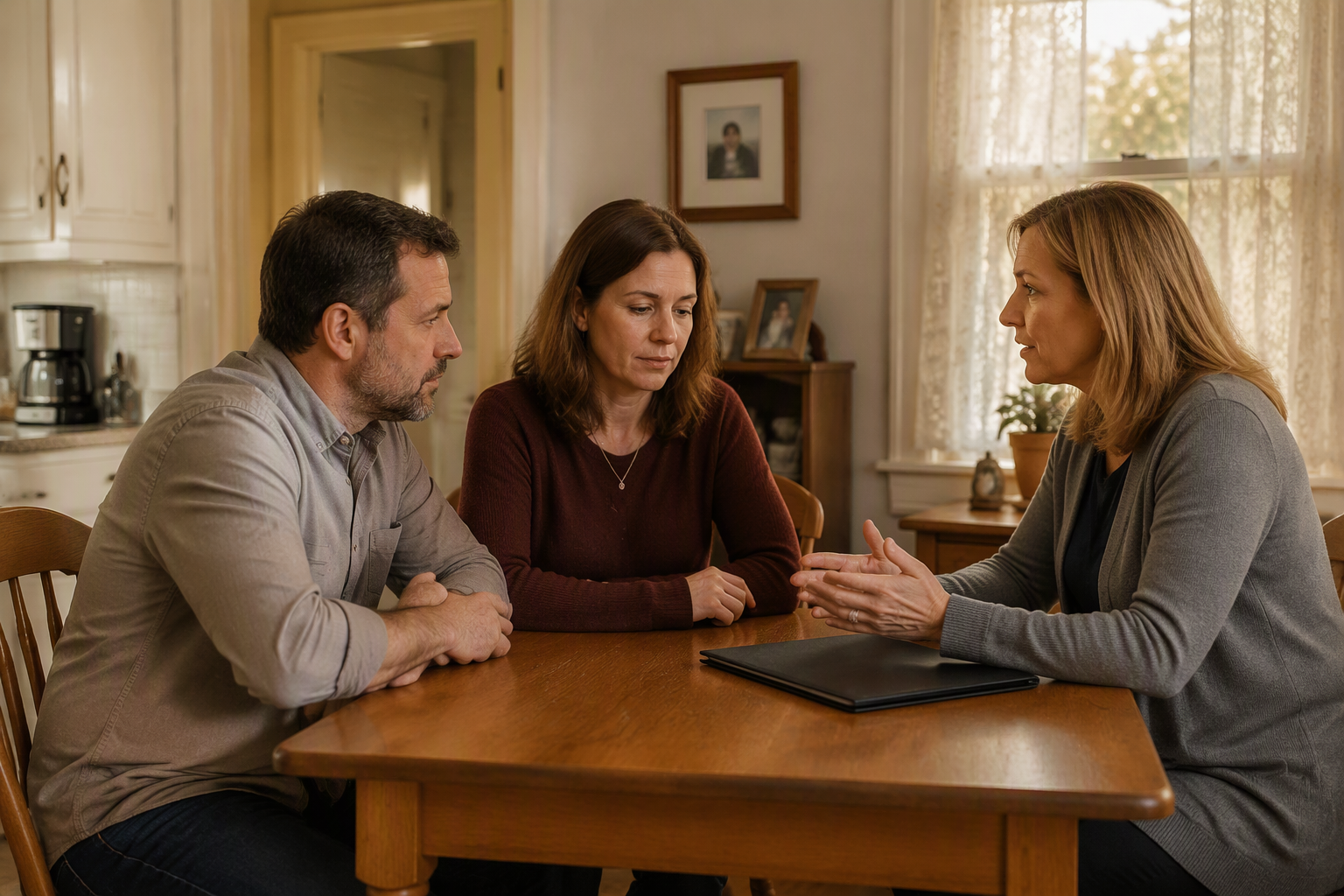 Three adults discuss a plain folder at a kitchen table in an illustrative estate-planning conversation.