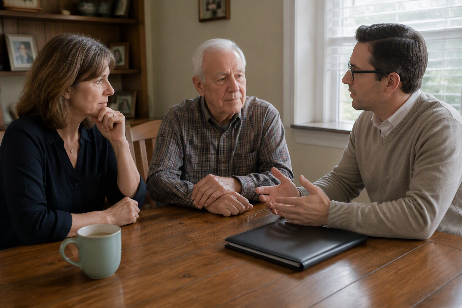 Three casually dressed adults discuss a closed folder at an ordinary dining table.