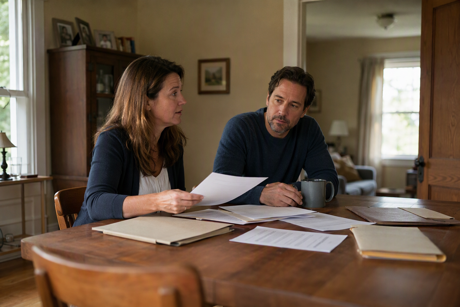 Two casually dressed adults discuss papers and folders at a dining table in an ordinary home.