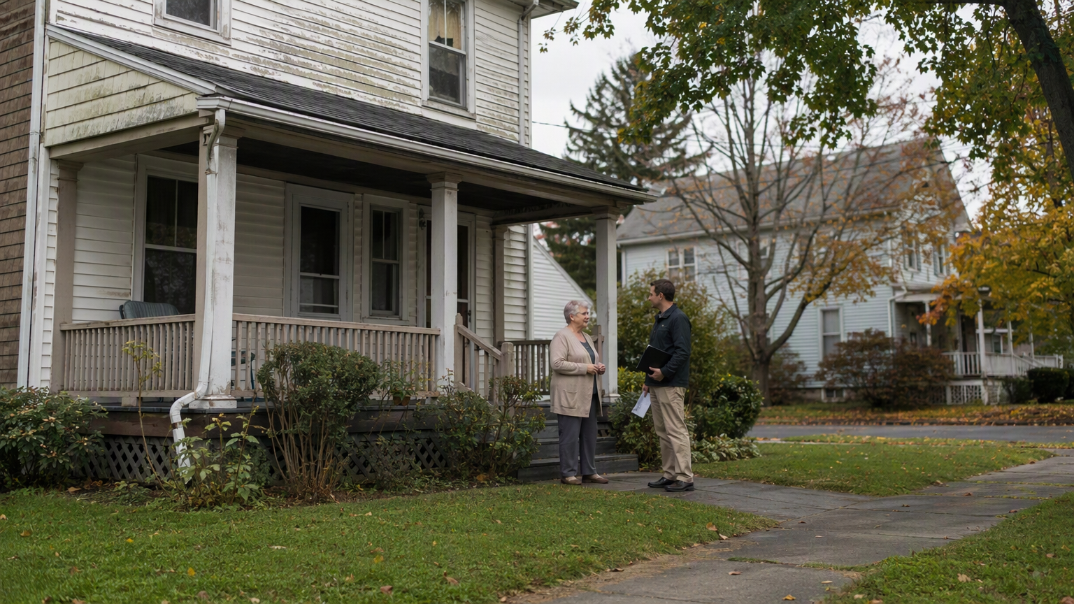 Illustration of two adults talking beside the porch of an older detached house in an autumn neighborhood.
